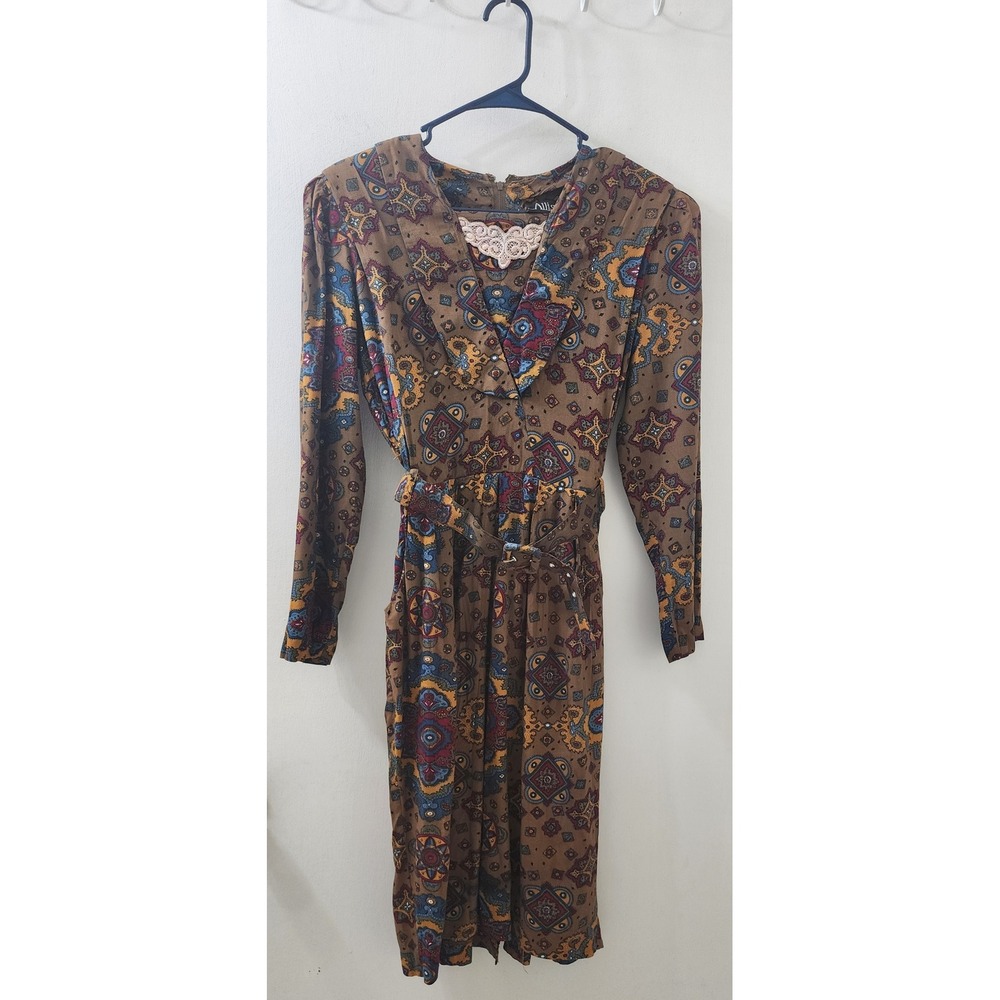 Vintage Allisia Geometric Paisley Midi Dress Brown Long Sleeve Belted Pockets 6